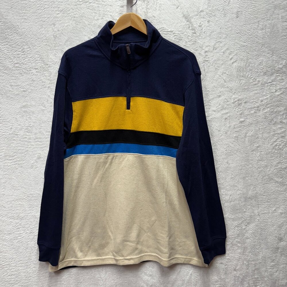 Club Room LS French Rib Sweater Mens XL Navy Blue Knit Cotton Mock Neck 1/4 Zip